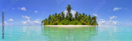 Beach with palm trees and crystal clear water. Idyllic tropical island in summer.