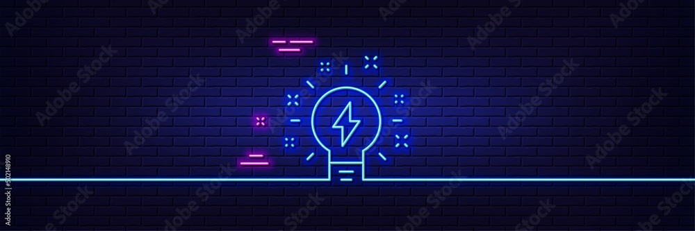 Neon light glow effect. Inspiration line icon. Creativity light bulb with lightning bolt sign. Graphic art symbol. 3d line neon glow icon. Brick wall banner. Inspiration outline. Vector Neon light glow effect. Inspiration line icon. Creativity light bulb with lightning bolt sign. Graphic art symbol. 3d line neon glow icon. Brick wall banner. Inspiration outline. Vector