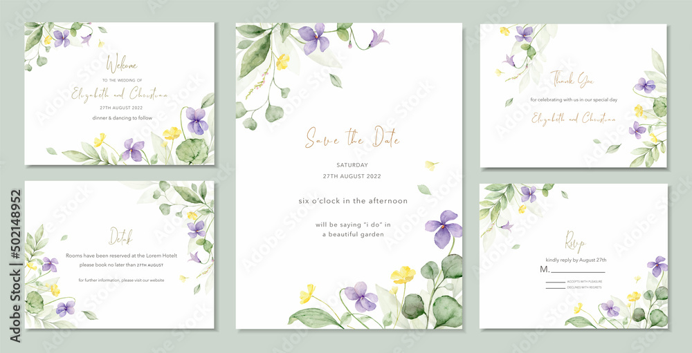 Watercolor vector set of wedding invitation card templates.