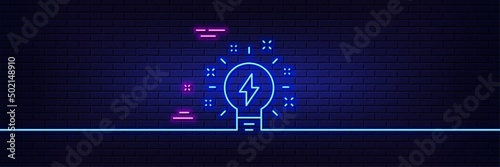 Neon light glow effect. Inspiration line icon. Creativity light bulb with lightning bolt sign. Graphic art symbol. 3d line neon glow icon. Brick wall banner. Inspiration outline. Vector