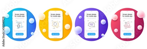 Minimal set of Certificate, Quickstart guide and Recovery data line icons for web development. Phone ui interface mockup with balls. Inspect icons. Certified file, Helpful tricks, Backup info. Vector