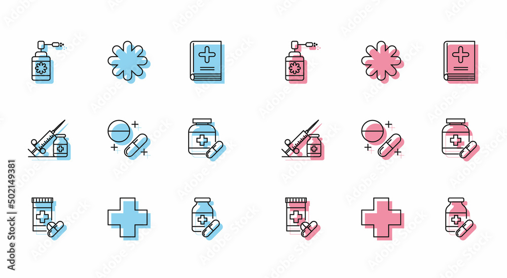 Set line Medicine bottle and pills, Cross hospital medical, Medical with nozzle spray, or tablet, syringe needle vial ampoule and icon. Vector Set line Medicine bottle and pills, Cross hospital medical, Medical with nozzle spray, or tablet, syringe needle vial ampoule and icon. Vector
