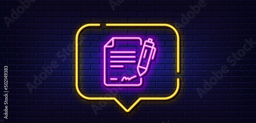 Neon light speech bubble. Signing document line icon. Contract signature sign. Agreement file symbol. Neon light background. Signing document glow line. Brick wall banner. Vector