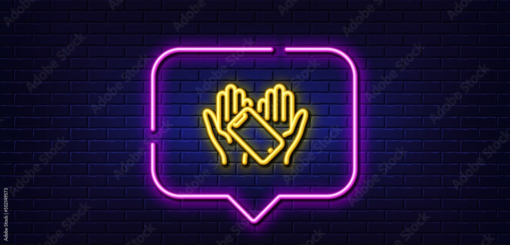 Neon light speech bubble. Smartphone holding line icon. Phone sign. Mobile device symbol. Neon light background. Smartphone holding glow line. Brick wall banner. Vector Neon light speech bubble. Smartphone holding line icon. Phone sign. Mobile device symbol. Neon light background. Smartphone holding glow line. Brick wall banner. Vector