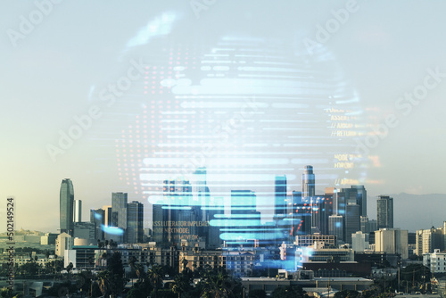 Double exposure of abstract creative programming illustration and world map on Los Angeles office buildings background  big data and blockchain concept