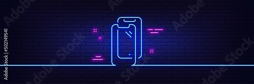 Neon light glow effect. Smartphone glass line icon. Phone protection sign. Mobile device symbol. 3d line neon glow icon. Brick wall banner. Smartphone glass outline. Vector