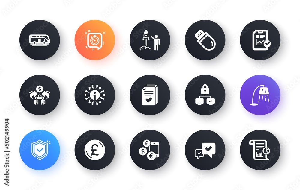 Minimal set of Handout, Report checklist and Sharing economy flat icons for web development. Currency rate, Approve, Lock icons. Timer, Usb stick, Launch project web elements. Shield. Vector Minimal set of Handout, Report checklist and Sharing economy flat icons for web development. Currency rate, Approve, Lock icons. Timer, Usb stick, Launch project web elements. Shield. Vector