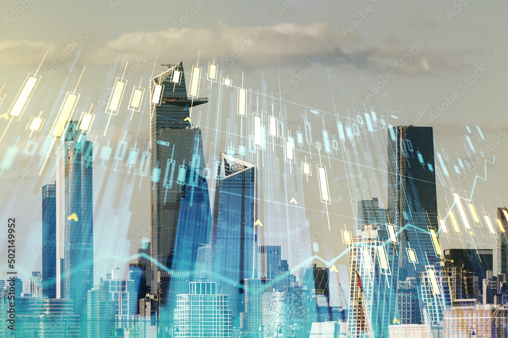 Multi exposure of virtual abstract financial diagram on Manhattan office buildings background, banking and accounting concept Multi exposure of virtual abstract financial diagram on Manhattan office buildings background, banking and accounting concept
