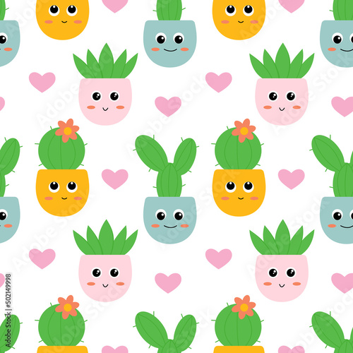 Cute houseplants cacti with different emotions. Seamless pattern. Can be used for wallpaper  fill web page background  surface textures