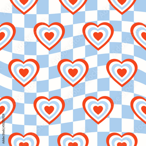 Seamless pattern with hearts shaped tunnel on a blue checkered background. Modern retro hippie illustration for decoration. Aesthetic vector print in style 60s, 70s 