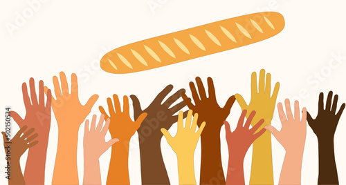 Vector drawing, raised multicolored hands reaching up to the falling bread. The concept of hunger, lack of food.