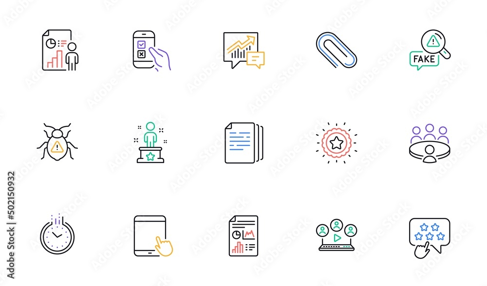 Video conference, Report document and Accounting line icons for website, printing. Collection of Meeting, Business report, Software bug icons. Copy documents, Paper clip. Vector