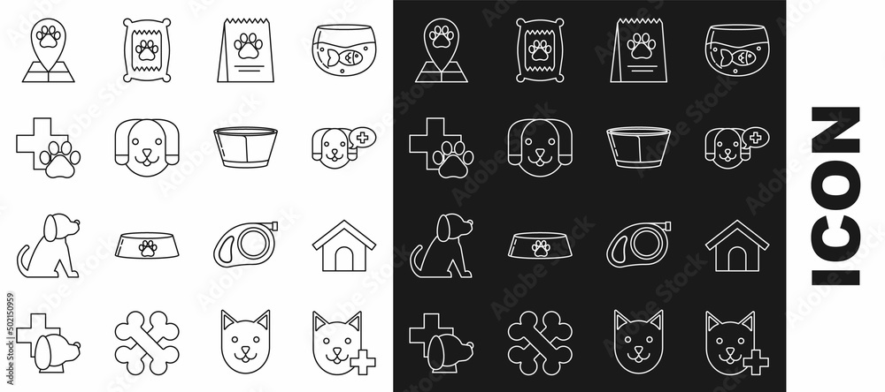 Set line Veterinary clinic symbol, Dog house, Bag of food for dog, Map pointer with veterinary medicine hospital and Protective cone collar icon. Vector Set line Veterinary clinic symbol, Dog house, Bag of food for dog, Map pointer with veterinary medicine hospital and Protective cone collar icon. Vector