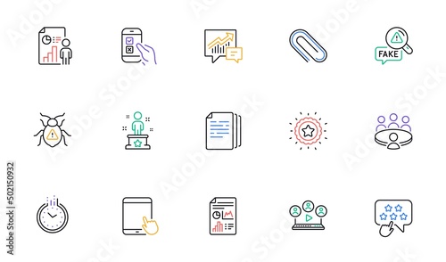 Video conference, Report document and Accounting line icons for website, printing. Collection of Meeting, Business report, Software bug icons. Copy documents, Paper clip. Vector