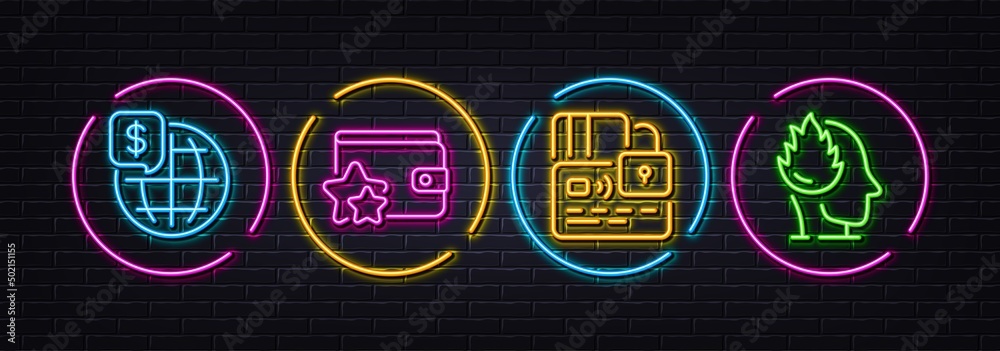 World money, Loyalty program and Card minimal line icons. Neon laser 3d lights. Stress icons. For web, application, printing. Global markets, Bonus wallet, Bank payment. Mind anxiety. Vector