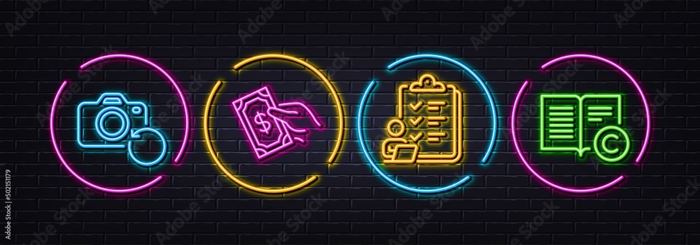 Checklist, Pay money and Recovery photo minimal line icons. Neon laser 3d lights. Copyright icons. For web, application, printing. Questioning clipboard, Hold cash, Backup data. Vector