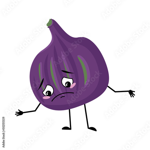 Fig character with sad emotions, depressed face, down eyes, arms and legs. Person with melancholy expression, violet fruit emoticon. Vector flat illustration