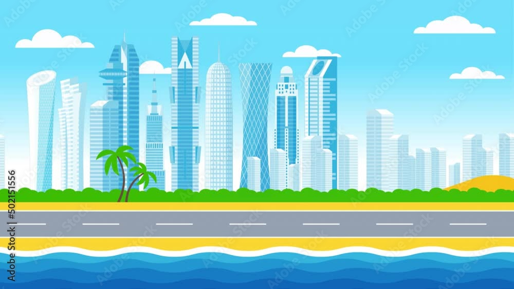 Highway in the Arabian city against the backdrop of modern skyscrapers. Qatar Doha road landscape. Looped animation.
