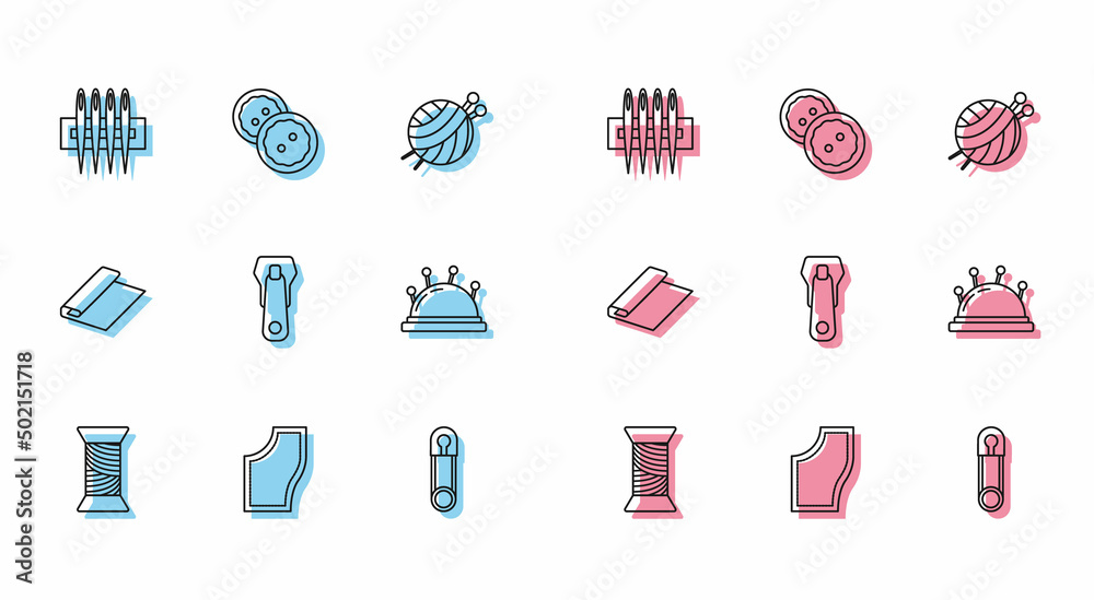 Set line Sewing thread on spool, Pattern, Needle for sewing, Classic closed steel safety pin, Zipper, bed and needles, Textile fabric roll and button clothes icon. Vector Set line Sewing thread on spool, Pattern, Needle for sewing, Classic closed steel safety pin, Zipper, bed and needles, Textile fabric roll and button clothes icon. Vector