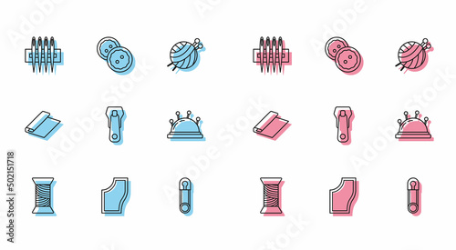 Set line Sewing thread on spool, Pattern, Needle for sewing, Classic closed steel safety pin, Zipper, bed and needles, Textile fabric roll and button clothes icon. Vector