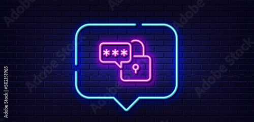 Neon light speech bubble. Lock line icon. Padlock password sign. Security access pass symbol. Neon light background. Lock glow line. Brick wall banner. Vector