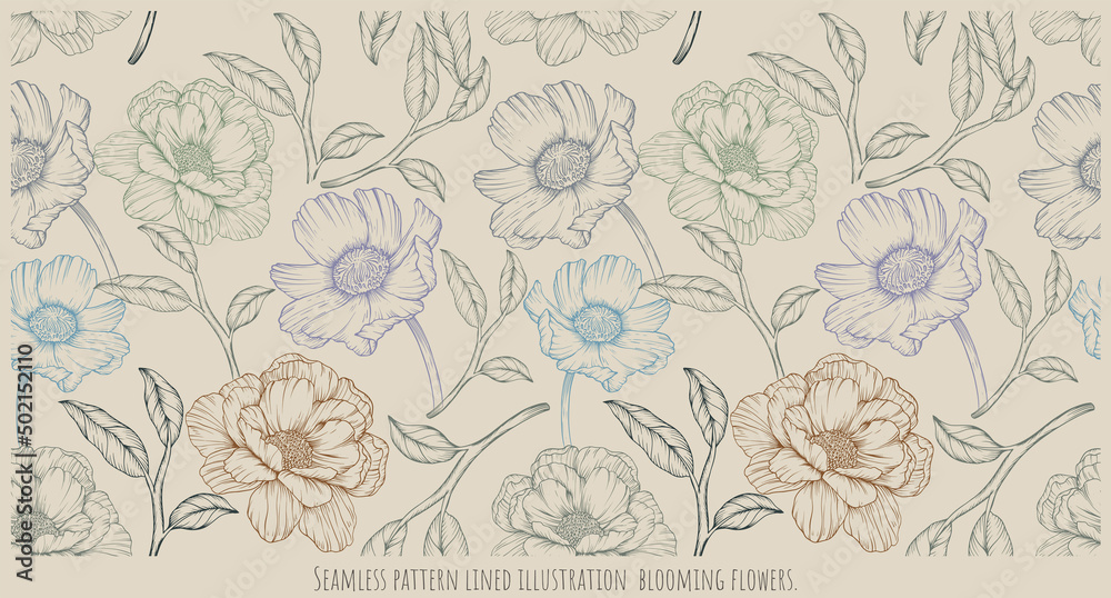 Seamless pattern Hand drawn lined illustration blooming flowers 2 Seamless pattern Hand drawn lined illustration blooming flowers 2