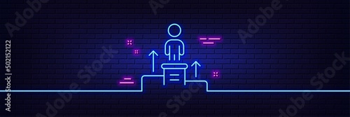 Neon light glow effect. Business podium line icon. Employee nomination sign. Person award symbol. 3d line neon glow icon. Brick wall banner. Business podium outline. Vector