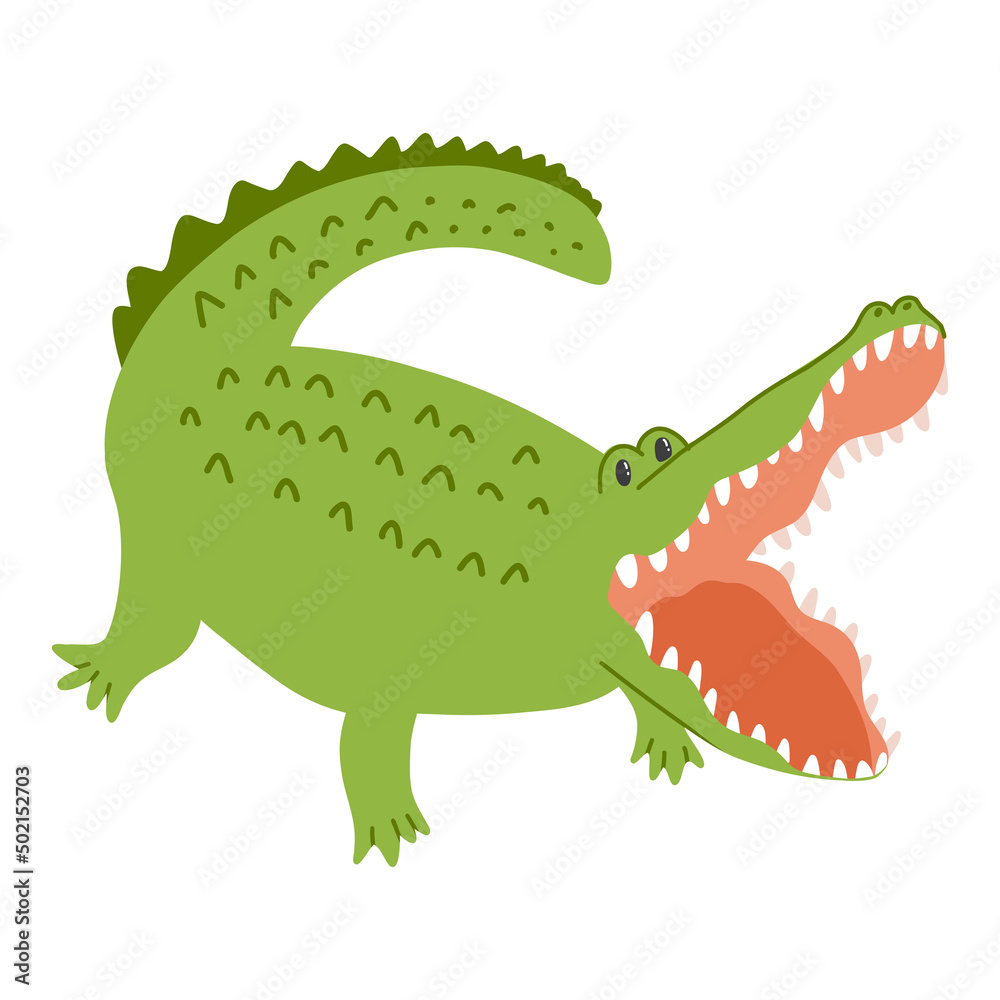 Cute crocodile in cartoon hand drawn style. Vector illustration of funny alligator predator, animal character isolated on white background Cute crocodile in cartoon hand drawn style. Vector illustration of funny alligator predator, animal character isolated on white background