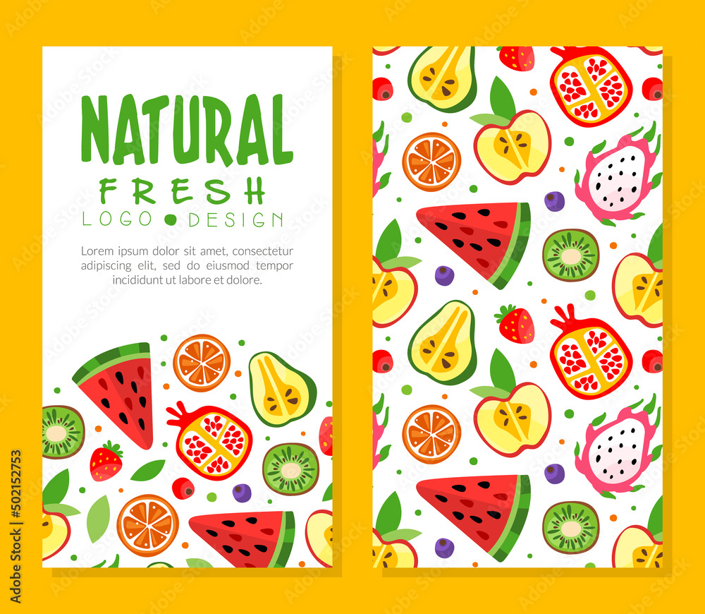 Juicy Fruit Design with Ripe Bright and Sweet Garden Food Vector Template