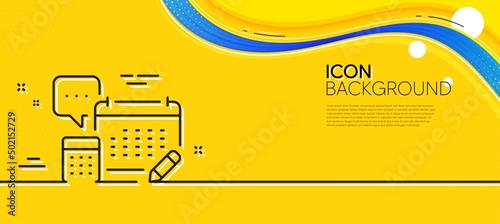 Accounting calendar line icon. Abstract yellow background. Calculate annual report sign. Speech bubble symbol. Minimal account line icon. Wave banner concept. Vector