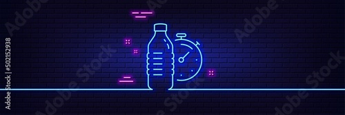 Neon light glow effect. Fitness water line icon. Training drink time sign. Gym fit bottle symbol. 3d line neon glow icon. Brick wall banner. Fitness water outline. Vector