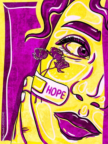 The face of a girl with a plaster on her cheek and the inscription Hope. Concept of hope, better future, inspiration and motivation. Women empowerment. Abstract Modern Woman Portrait