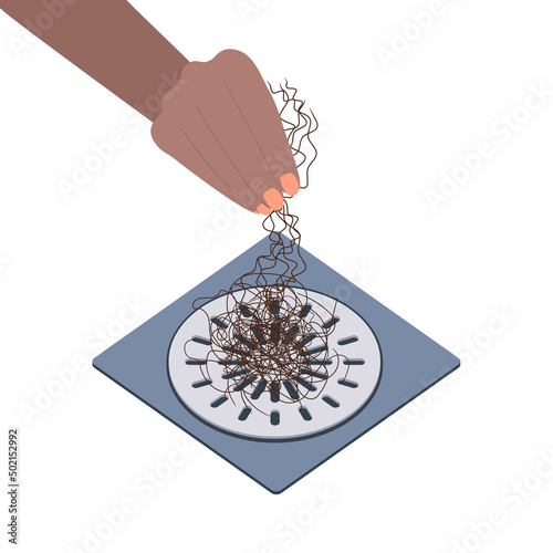 Hand removing hair clump from the shower drain. Hair fall problem and alopecia damage concept. Cleaning shower floor after washing scalp. Cartoon vector illustration