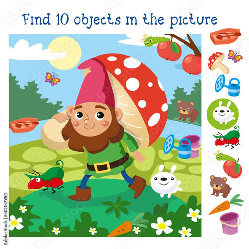 Find 10 hidden objects. Educational game for children. Vector color illustration. Fairy tale cute dwarf. 