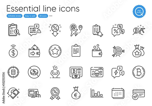 Wallet money, Loyalty points and Money bag line icons. Collection of Binary code, Target, Payment methods icons. Cyber attack, Bitcoin mining, Contactless payment web elements. Calendar. Vector