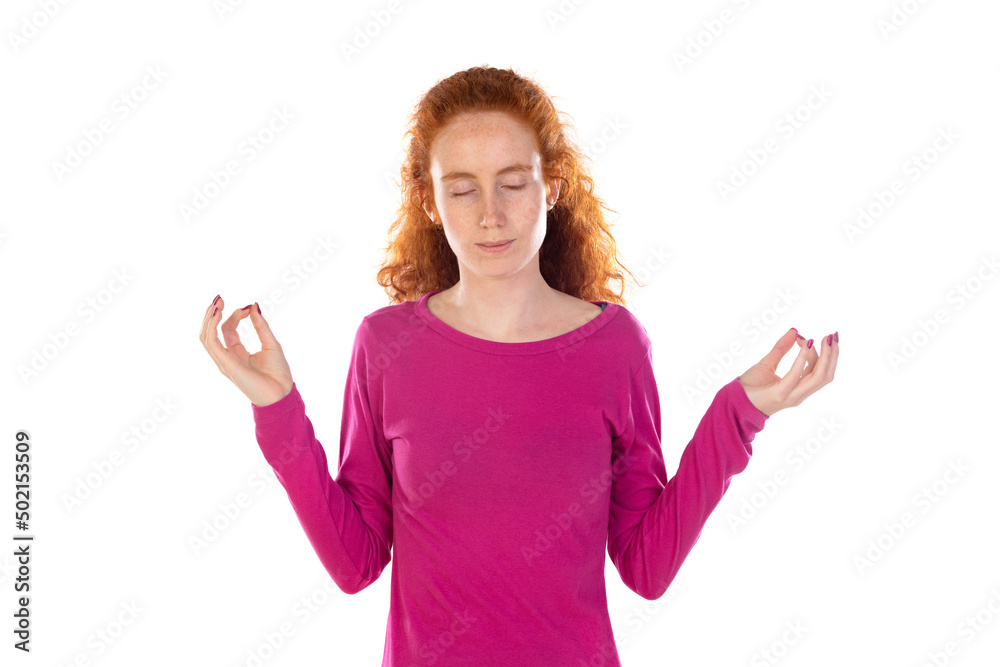 Relaxed happy lady making meditation gesture. Relaxed happy lady making meditation gesture.