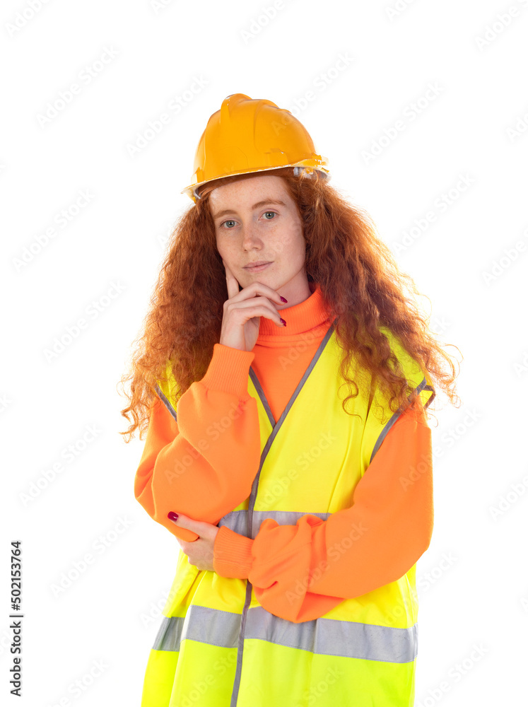 Portrait of attractive cheerful lucky red-haired girl with helmet and reflective vest Portrait of attractive cheerful lucky red-haired girl with helmet and reflective vest