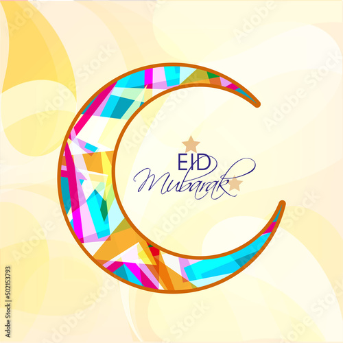 Eid Mubarak Lettering With Stars And Colorful Crescent Moon On Yellow Background.