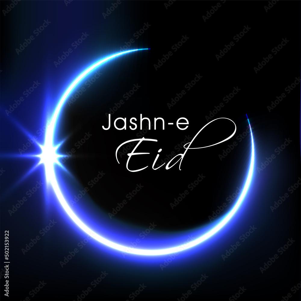 Jashn-E-Eid Lettering With Blue Glowing Crescent Moon On Black Background. Jashn-E-Eid Lettering With Blue Glowing Crescent Moon On Black Background.