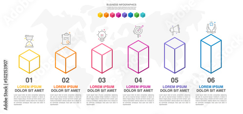 Vector isometric infographics with 6 line columns. Business concept graphic process template with six steps and icons. Graphic timeline for step by step for the app, website, diagram, presentations