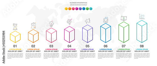 Line vector isometric infographics with 8 columns. Business concept graphic process template with eight steps and icons. Graphic timeline for step by step for the app, website, interface