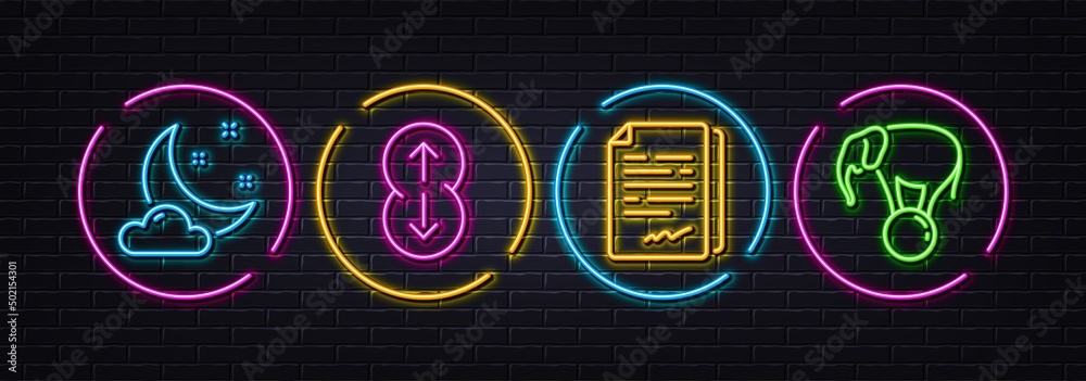 Document signature, Night weather and Swipe up minimal line icons. Neon laser 3d lights. Elephant on ball icons. For web, application, printing. Agreement file, Sleep, Scrolling page. Vector
