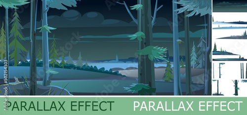 Night landscape with trees and fir trees with parallax effect. Trunks and branches. Coniferous forest at dusk. Dark summer scene. Illustration in cartoon style flat design. Vector
