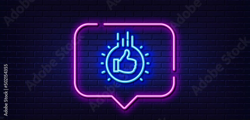 Neon light speech bubble. Like hand line icon. Thumbs up finger sign. Brand ambassador gesture symbol. Neon light background. Like hand glow line. Brick wall banner. Vector