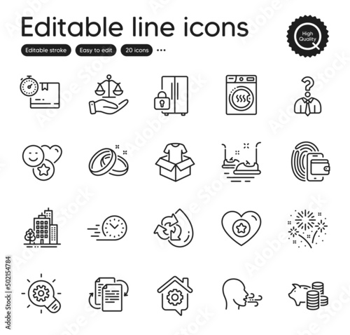 Set of Business outline icons. Contains icons as Buildings, Piggy bank and Recycle water elements. Fireworks, Dryer machine, Heart web signs. Cogwheel, Clothing, Bumper cars elements. Vector