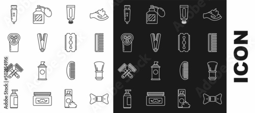 Set line Bow tie, Shaving brush, Hairbrush, Cream or lotion cosmetic tube, Curling iron for hair, Electrical clipper shaver, and Blade razor icon. Vector
