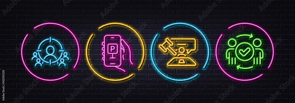 Business targeting, Parking app and Judge hammer minimal line icons. Neon laser 3d lights. Approved teamwork icons. For web, application, printing. Vector