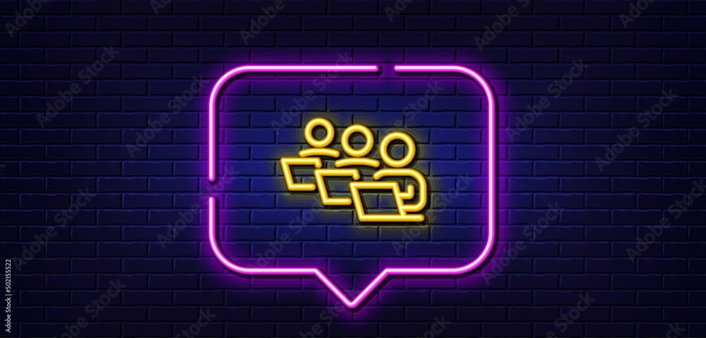 Neon light speech bubble. Teamwork line icon. Remote office sign. Team employees symbol. Neon light background. Teamwork glow line. Brick wall banner. Vector