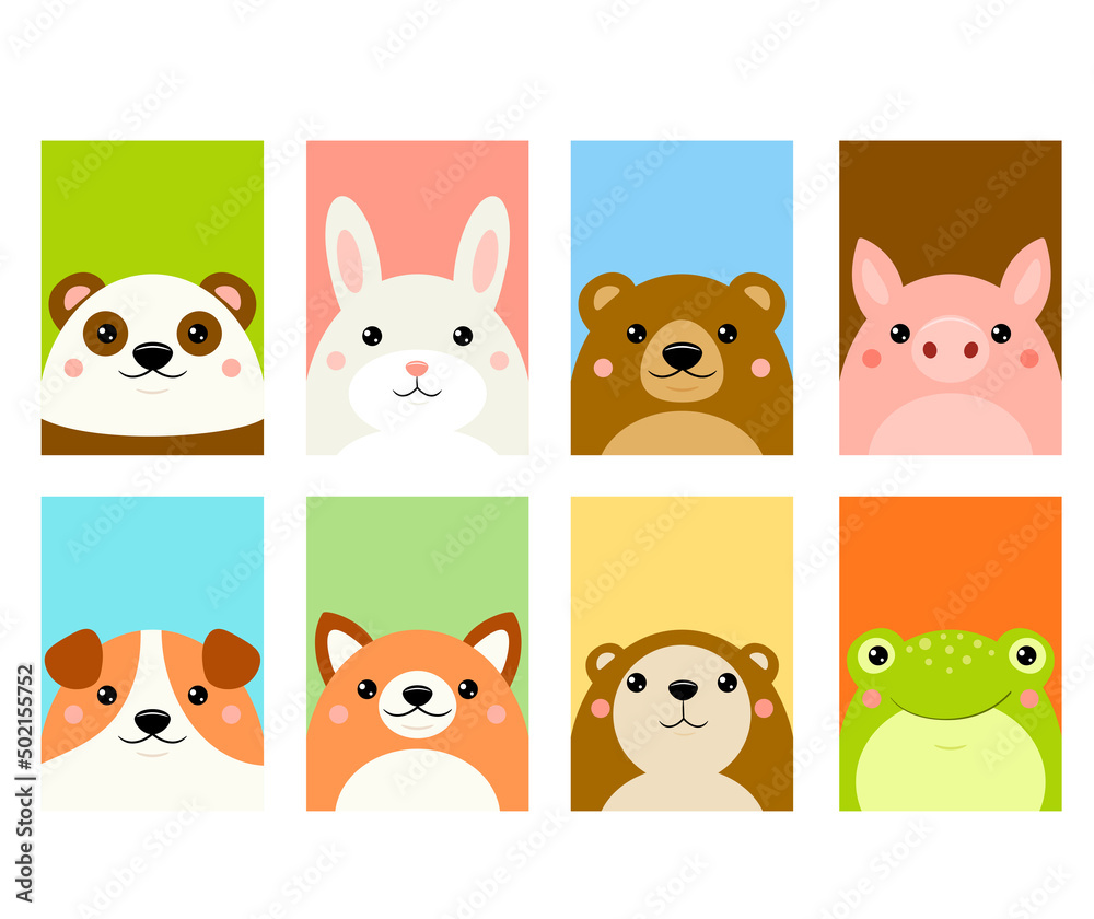 Set of kawaii member icon. Cards with cute cartoon animals. Baby collection of avatars with panda, rabbit, bear, dog, fox, frog, gopher, pig. Vector illustration EPS8