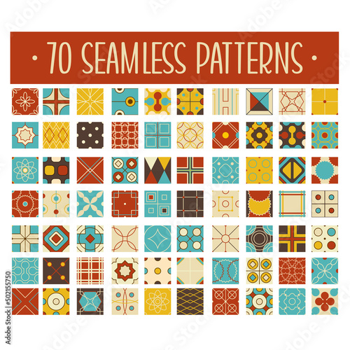 Set of 70 retro vector geometric seamless patterns (tiling) of blue, red, ivory, brown and yellow color. Endless texture can be used for pattern fills, web page background, surface and textile texture